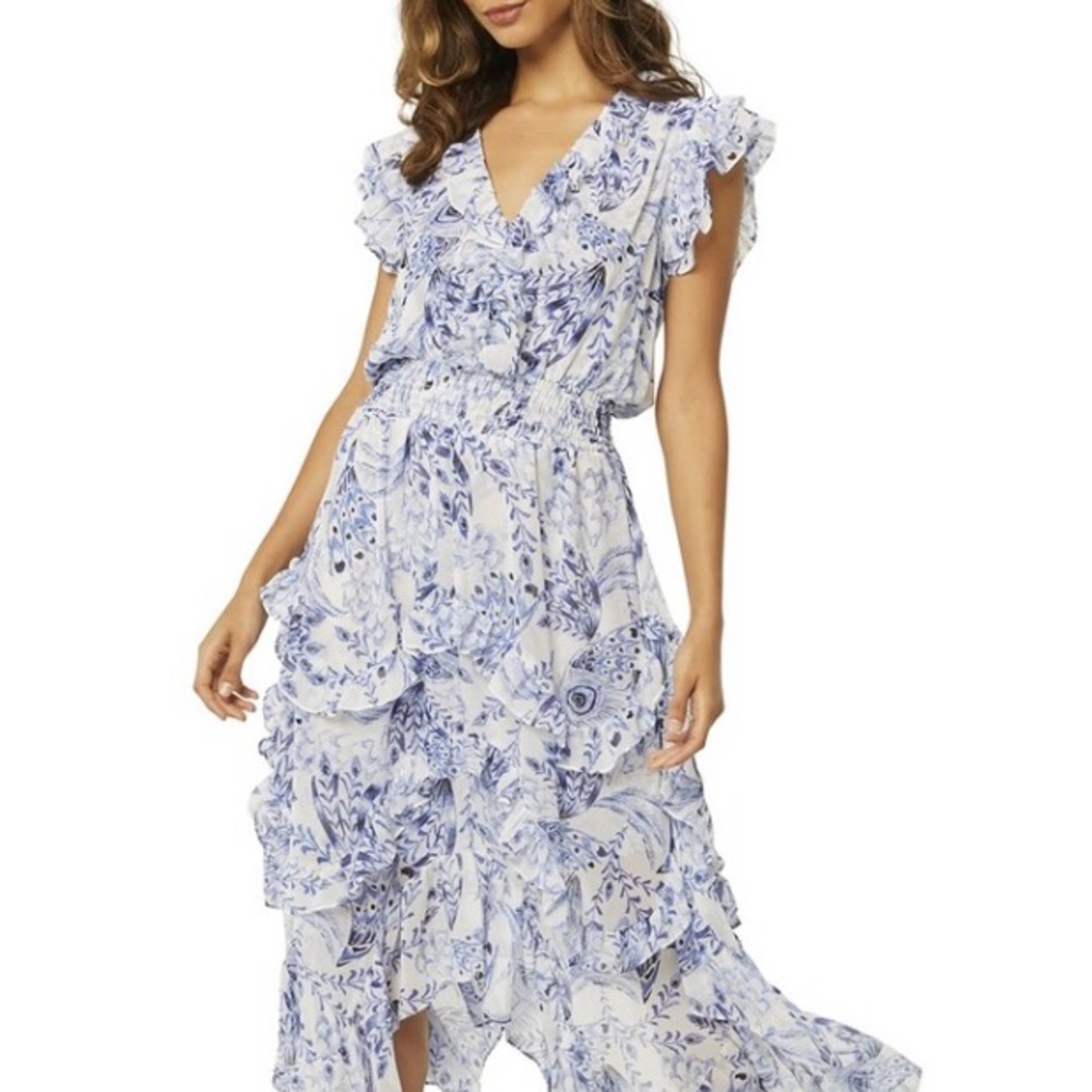 MISA Dakota Midi Tiered Floral Chiffon Dress